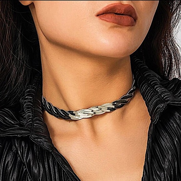 Twisted Sterling Silver Herringbone Choker Necklace - Picture 2 of 4